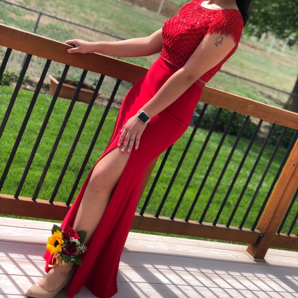 Sherri Hill Two-Piece Red Beaded Prom Dress